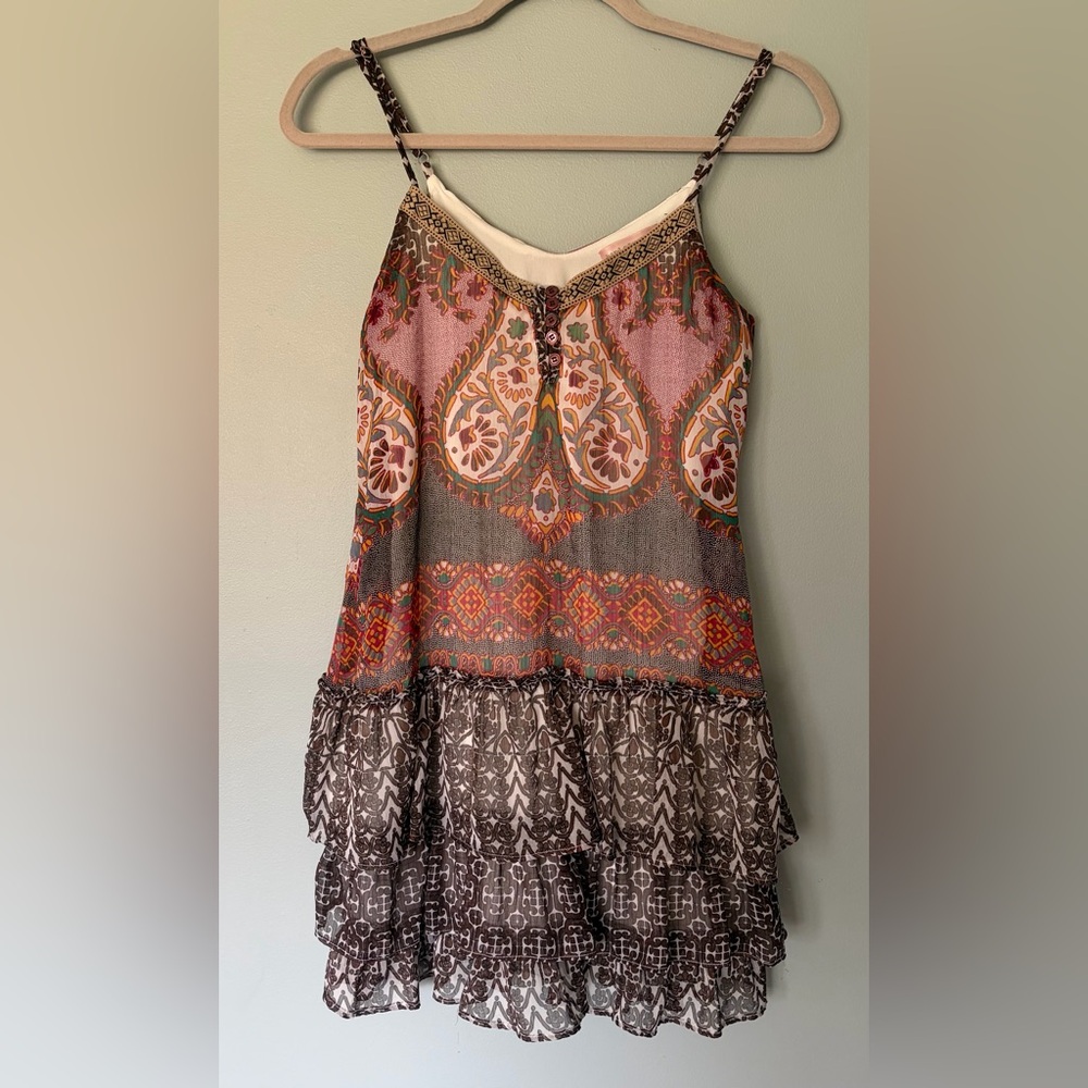 Band of Gypsies Boho Tiered Floral Paisley Slip Mini Dress Pink, Olive, Rust